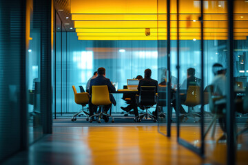 Wall Mural - Conference Room Meeting with People Sitting at Table Under Yellow Lights and Glass Walls