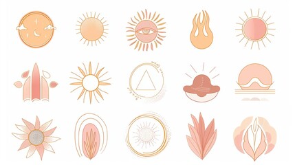 An abstract set of linear boho icons and symbols - sun logo design templates for social media posts, stories, artisan jewellery, and more.