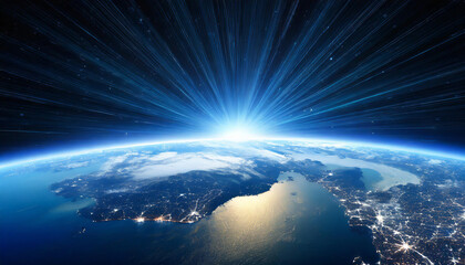 Wall Mural - Planet Earth from space. Starry cosmos sky. Blue sunrise.