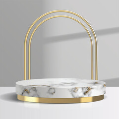 Wall Mural - Luxury minimalist White Marble and gold Podium in white studio background. mockup scene stage for ads product displays, sale, banner and presentation. 3d isolated illustration vector