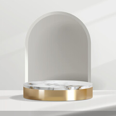 Wall Mural - Luxury minimalist White Marble and gold Podium in white studio background. mockup scene stage for ads product displays, sale, banner and presentation. 3d isolated illustration vector