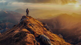 Fototapeta Góry - Hiker on mountain peak sunrise