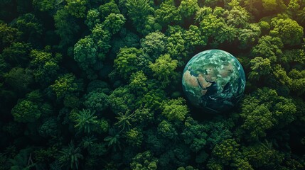 Aufkleber - The aerial view of a green forest with a green planet, the Earth in your hands, the ecosystem and a healthy environment. the texture of a forest view from above with a green planet.