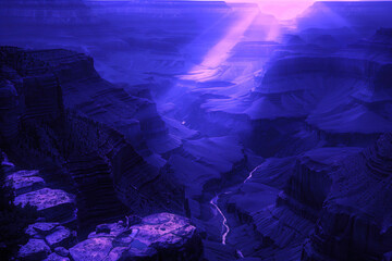 Poster - Misty Canyon. Surreal colorful landscape inspired by Grand Canyon. Abstract colorful background image. Created with Generative AI technology