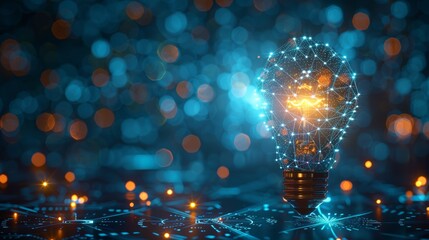 Leinwandbilder - A glowing blue light bulb with cog wheels and a business model. Low poly style design with geometric background. Wireframe structure for light connections. 3d animation. .