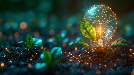 Leinwandbilder - A blue glowing light bulb with a green plant inside. Low poly style design. Geometric background, wireframe light connection structure. Modern graphic concept.  illustration.