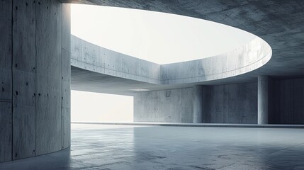 Fototapete - An empty cement floor sits on top of a futuristic concrete building with a car park.