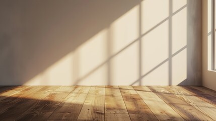 Poster - An empty room with laminate flooring and the sun casting shadows on the wall. 3D rendering of minimal interior design.