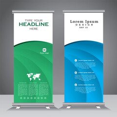 Wall Mural - Roll up banner stand design with abstract geometric shape, green and blue standee design, vertical banner, x standee banner template. pull up banner, presentation and brochure flyer. vector,