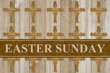 Wall Mural -  Easter Sunday message with gold cross on weathered wood