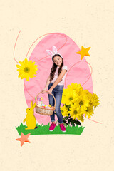 Canvas Print - Vertical creative collage image of cute little girl hold eggs basket bunny ears flowers easter concept unusual fantasy billboard comics