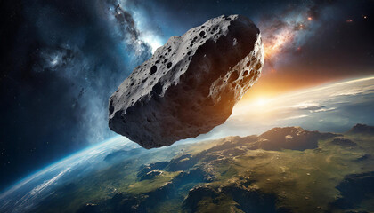 Wall Mural - Huge asteroid in space flying towards planet earth. View from space.
