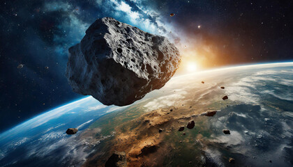 Wall Mural - huge asteroid in space flying towards planet earth. view from space.