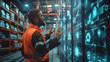 Man in orange vest using advanced touch interface with icons in a high-tech warehouse setting.