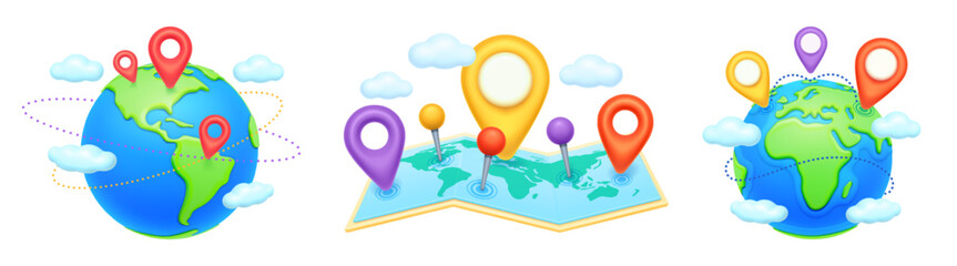 Wall Mural - earth map with navigation points, traveling pins. vector globe planet with destinations, 3d design v