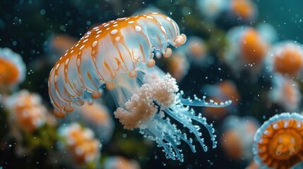 Wall Mural - Closeup of Several Beautiful Moon Vibrant Bioluminescent Jellyfish