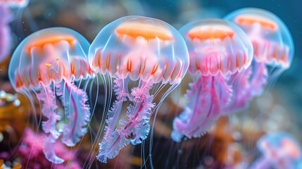 Wall Mural - Closeup of Several Beautiful Moon Vibrant Bioluminescent Jellyfish