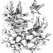 Birds books and Flowers Plants Illustration