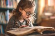 child little girl wearing glasses reading a book
