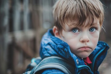 portrait of a sad looking boy going to school