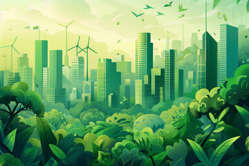 Wall Mural - Eco-friendly cityscape with green buildings and renewable energy sources.