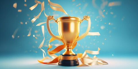 Golden trophy and streamers, business and competition concept, blue background