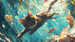 cute cat dives into the water, cat tries to catch fish