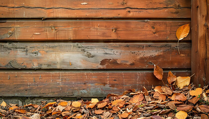 Wall Mural - Photograph a wooden wall with leave arranged in a corner, offering negative space for versatile design applications