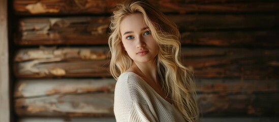 Canvas Print - A happy woman with long blonde layered hair and a bright smile is standing in front of a wooden wall, showcasing her thigh in a cheerful pose