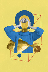 Poster - Collage image of weird freak unusual personage touch head lamp bulb marine underwater animal fish isolated on creative background