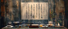 Chinese Calligraphy Wall Art In Traditional Study With Tea Sets