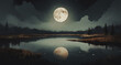 grande luna piena che si riflette nelle calme acque di uno stagno