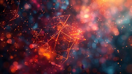 Poster - Digital network nodes with interconnecting lines over a vibrant, defocused multicolored bokeh backdrop.