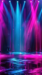 Sticker - Abstract background with neon lights of various colors on stage