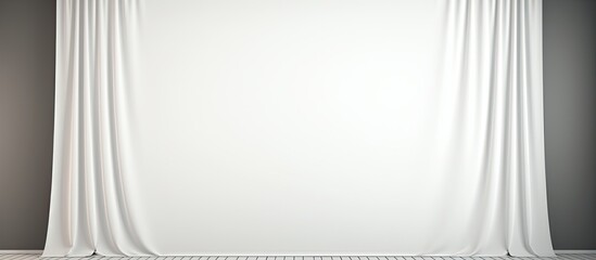 Poster - A rectangle grey curtain hangs on the monochrome wall, adding depth with tints and shades. Nearby, plastic dishware gleams under the ceiling lights