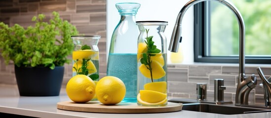 Sticker - A kitchen counter in a house with a sink, pitchers of water, and lemons. The space is bright with a window overlooking green grass. Plantbased ingredients and tableware are displayed on the counter