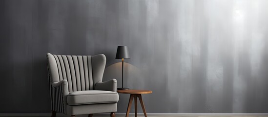 Wall Mural - Inside the building, there is a grey chair and a stylish lamp placed near the window. The room also features a wooden table and floor