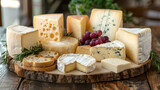 Fototapeta Do akwarium - Assorted cheeses on a wooden board