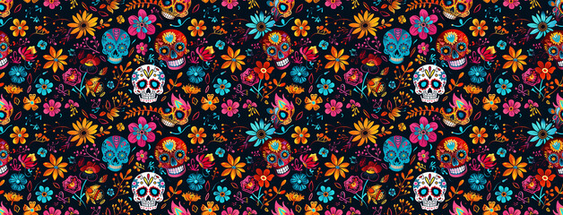 Wall Mural - Sugar Skulls and Flowers seamless pattern