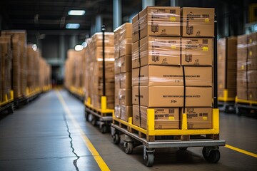 Poster - Cardboard boxes on hand pallet truck at storehouse. A pallet truck with a parcel at a logistics company's warehouse. Forklift loader in warehouse. Distribution warehouse. generative AI