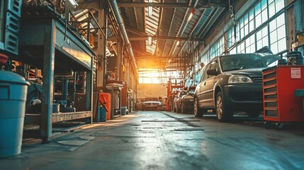 Poster - A productive automotive repair shop with car lifts tools and skilled mechanics illustrating expertise in vehicle maintenance    AI generated illustration