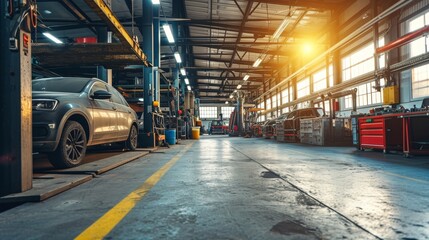 Poster - A productive automotive repair shop with car lifts tools and skilled mechanics illustrating expertise in vehicle maintenance     AI generated illustration