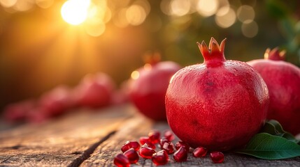 Wall Mural - Golden Hour Glow: Pomegranate on Rustic Table, generative ai