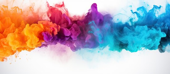 Sticker - A colorful rainbow of purple, magenta, violet, and electric blue smoke is emerging from the liquid water on a white background, resembling a painting inspired by the sky