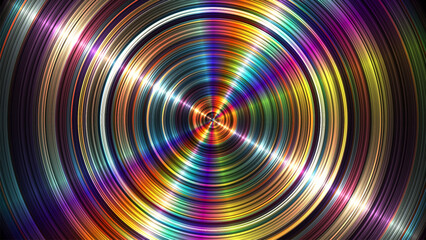 Colorful anisotropic circular surface background. Abstract concentric brushed steel or aluminium plate for creative geometric cover, flyer, poster. Round scratched shiny disc. Vector illustration