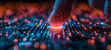 Fototapeta Perspektywa 3d - Close-up of human finger touching electronic circuit board with red light. Finger touching fingerprint on computer screen. Fingerprint scan concept.