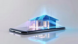 Fototapeta  - A phone with a holographic light display lighting out from phone, projection of house. 3D rendering of a smart home with a smart phone.	