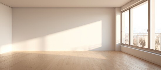 Poster - An empty room featuring a brown hardwood flooring, a large rectangle window, and wooden fixtures. The room is illuminated by shades of natural light