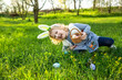 Joyful kid embarks on an Easter egg hunt, eagerly filling their basket with painted treasures amidst the springtime magic.