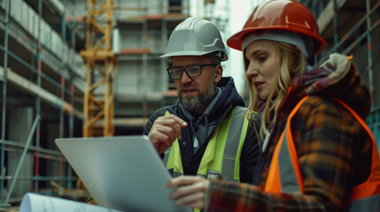 Two architects in high visibility jackets using laptop on a construction site, focusing on project details.